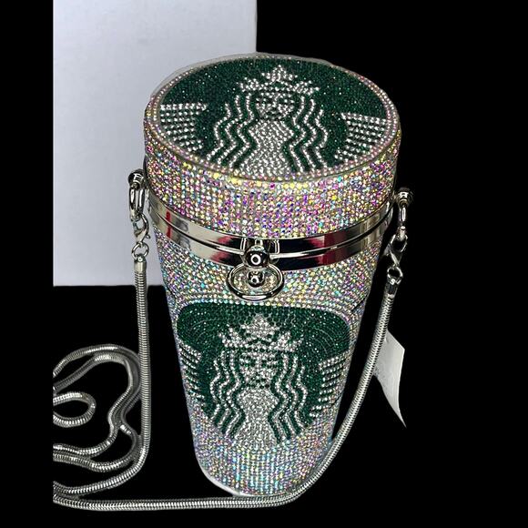 NEW LG Starbucks Coffee Cup AB Crystal Rhinestone HANDBAG Purse Bag Silver Chain - Picture 2 of 8